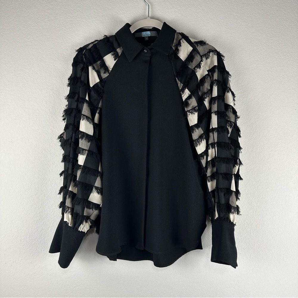 Eva Franco Black White Ruffled Mesh Long Sleeve Career Casual Button Up Top 4